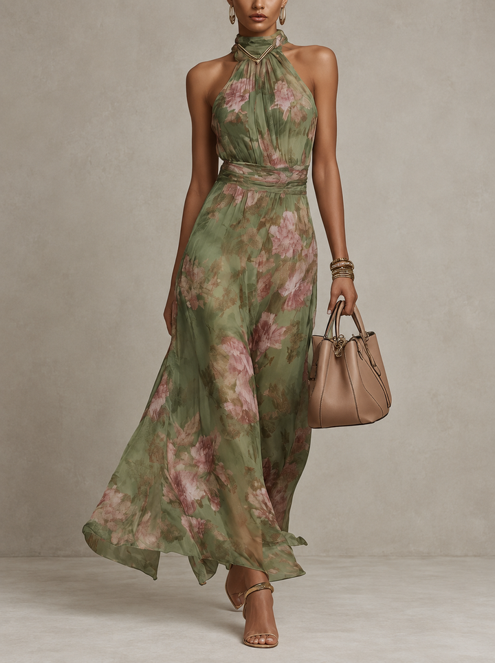 Amélie Bruges ∙ Robe longue verte à fleurs en chiffon avec décolleté dégagé