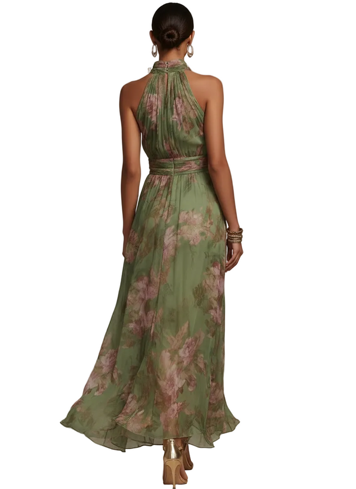 Amélie Bruges ∙ Robe longue verte à fleurs en chiffon avec décolleté dégagé
