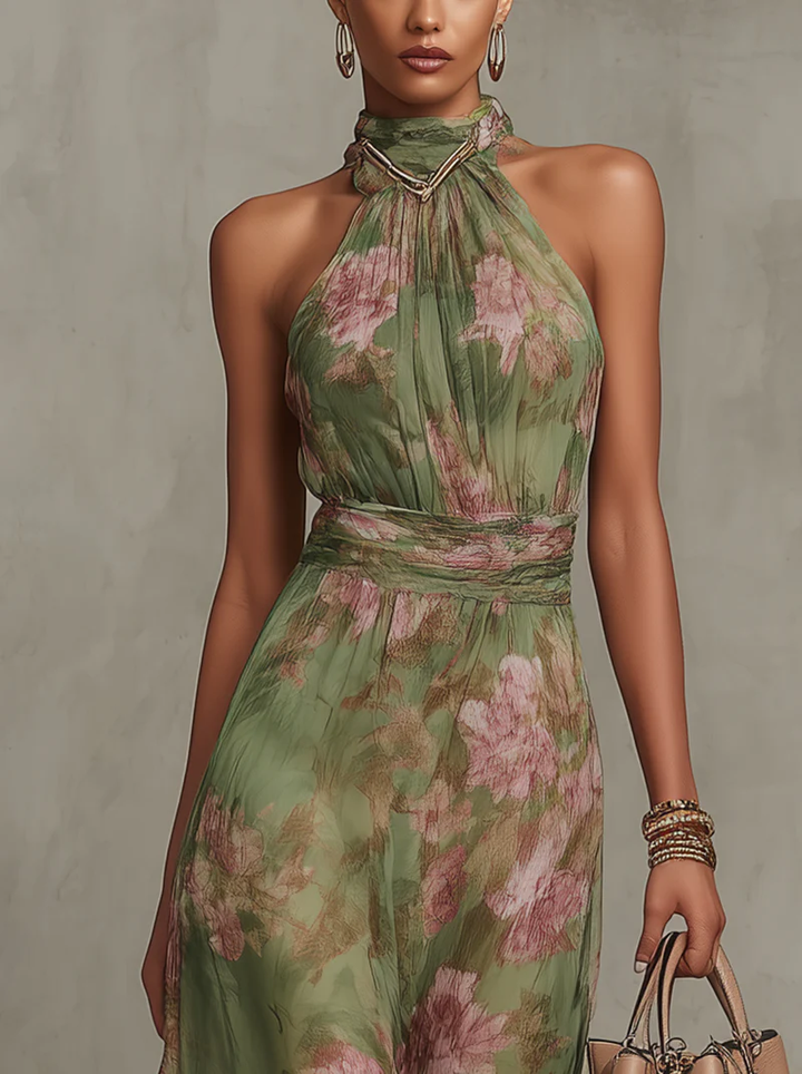Amélie Bruges ∙ Robe longue verte à fleurs en chiffon avec décolleté dégagé