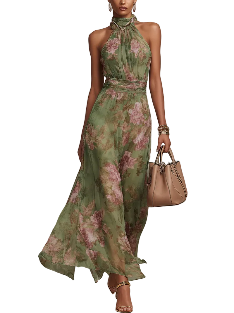 Amélie Bruges ∙ Robe longue verte à fleurs en chiffon avec décolleté dégagé