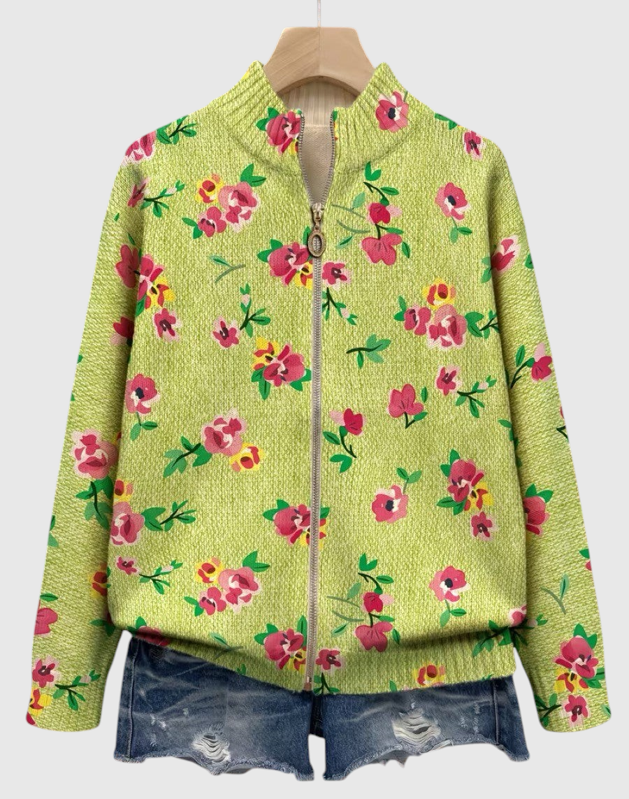 Agnese™ | Cardigan Zippé Rose Fleuri et Citron Vert