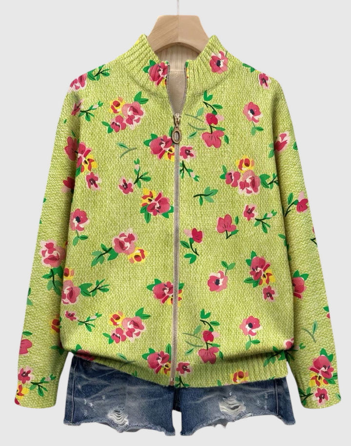 Agnese™ | Cardigan Zippé Rose Fleuri et Citron Vert