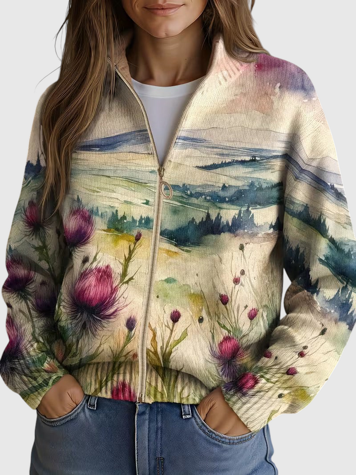 Lidia™ | Cardigan zippé en paysage avec chardon écossais