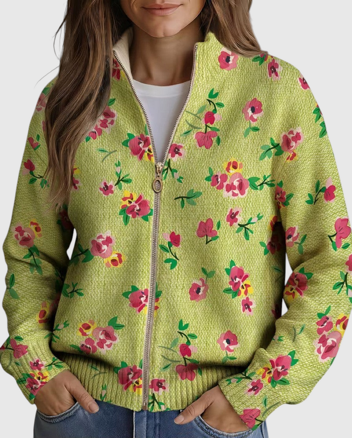 Agnese™ | Cardigan Zippé Rose Fleuri et Citron Vert